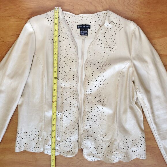 C Concept Laser Cut Leather Jacket Size 14 Vintage Boho Western Tan Beige Gold - Picture 12 of 16
